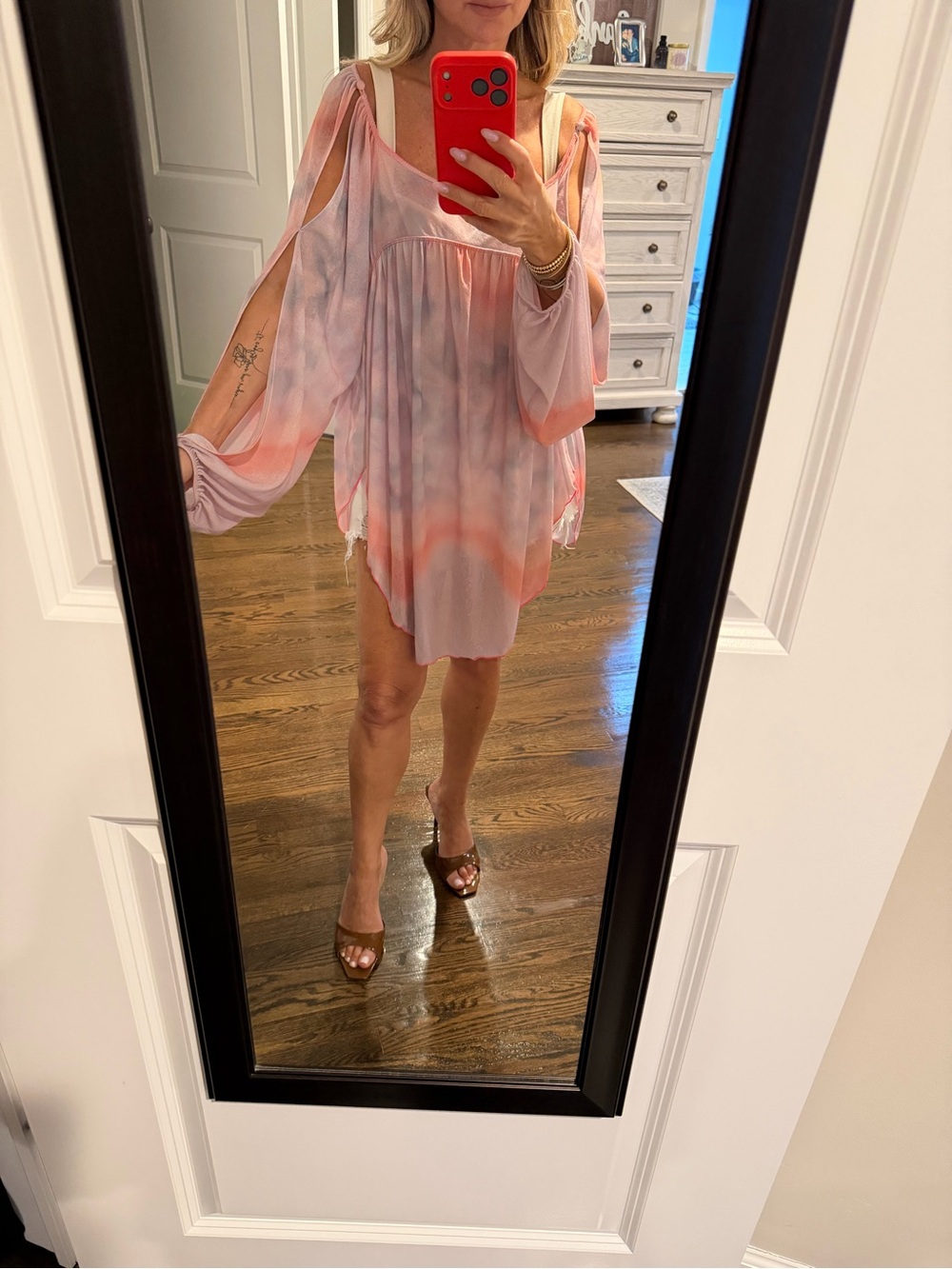 FREE PROPLE Pink Tie-Dye Cold-Shoulder Tunic Blouse